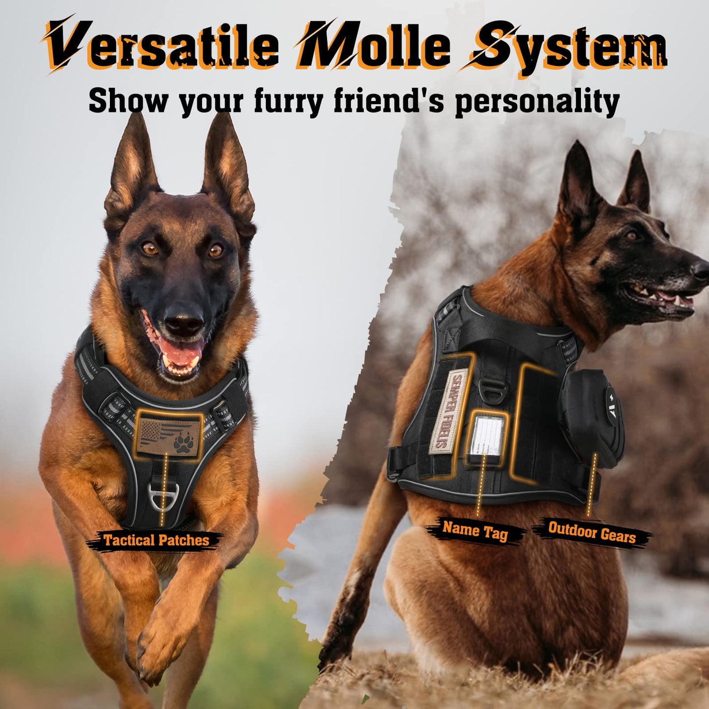 rabbitgoo Dog Harness for Large Dogs No Pull, Tactical Service Pet Vest with Molle and Control Handle, Adjustable and Reflective Military Harness for Easy Walking and Training, Black, L