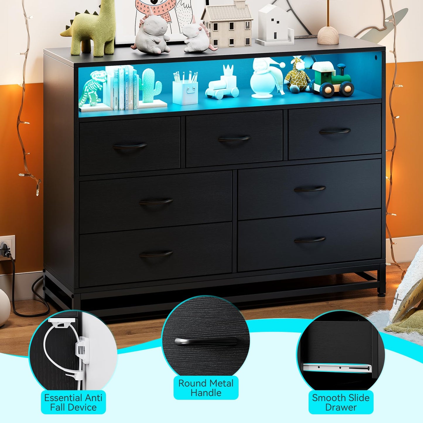 IDEALHOUSE Black 7-Drawer Dresser for Bedroom – Modern Long Dresser with Charging Station & LED Lights, Wooden Large Capacity Storage Chest, Wide Dresser for Living Room & Hallway