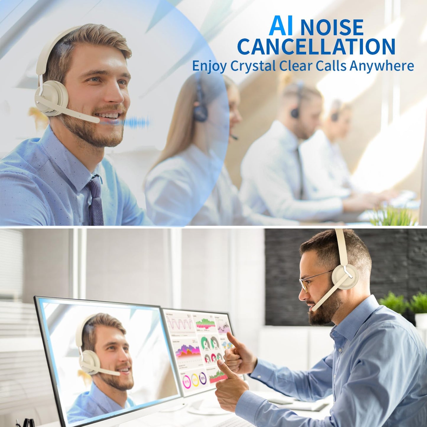 Wireless Headset with Mic for Work, Bluetooth 5.3 Headset with AI Noise Cancelling Microphone & Call Reminder, Wireless Headphone with Voice Assistant for PC/Computer/Remote Work/Call Center/Zoom