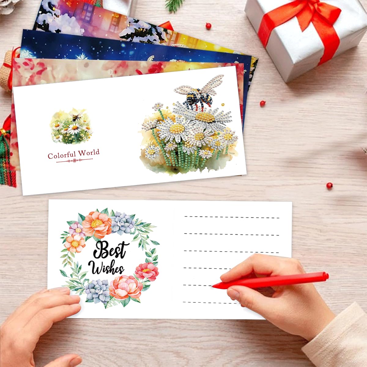 LSQFS 6 PCS Diamond Painting Greeting Cards, Daisy & Bee Floral Diamond Art Kits for Adults with Envelopes, 5.9x11.81in DIY Gem Art Craft Kit for Birthday, Thank You, Mother's Day & All Occasions