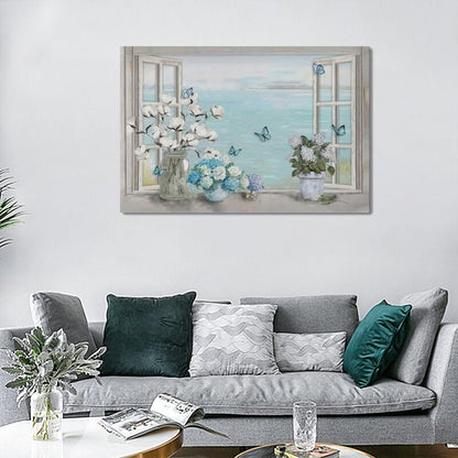 Cotton Hydrangea Bathroom Wall Art - Farmhouse Flower Butterfly Pictures, Framed Artwork for Bathroom