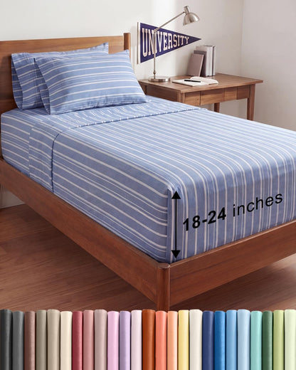 Skiennix Extra Deep Twin XL Sheet Set | 4-Piece Cooling Bedding - Soft, Breathable, Wrinkle-Free - Blue Stripes