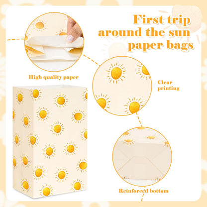 Whaline 24Pcs Boho Sun Party Favor Bags Baby Shower Paper Gift Bag with Tag Stickers First Trip Around the Sun Treat Candy Goodie Bags for Birthday Party Supplies, 4.7 x 3.1 x 8.7 Inch