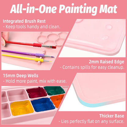 LRFORMB Silicone Painting Mat for Table Protection, 23.6 x 15.8in Drawing Mat with Nylon Brushes for Children, Art Mats with Cleaning Cup, Paint Palette, Clay Craft Mats for DIY (Pink)