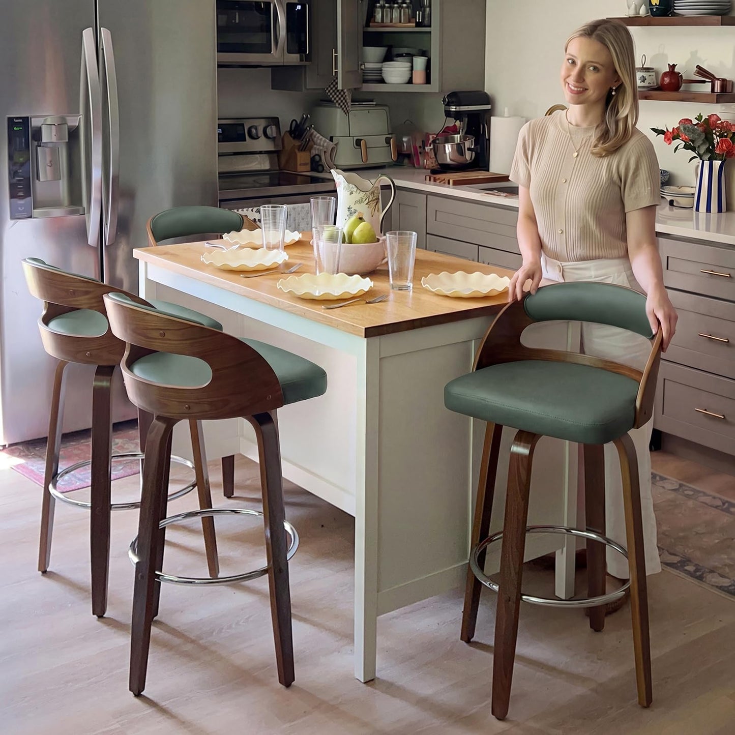 Mid Century Modern Counter Height Bar Stools Set of 2, 360° Swivel Counter Stools with Bentwood Walnut Frame, Upholstered Faux Leather Seat, Curved Back Kitchen Island Chairs, 25" Seat Height, Beige