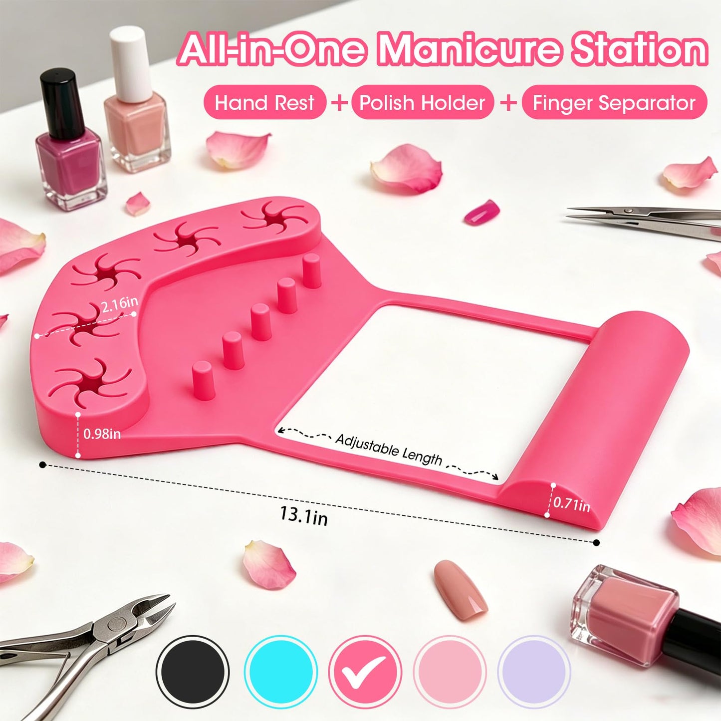 3-in-1 Silicone Nail Arm Rest & Nail Polish Holder for Manicure and Pedicure,Hand Rest Mat with Anti-Spill Bottle Stand & Finger Separators for Nail Art Tools,Fingernail Painting Accessories(Rose Red)