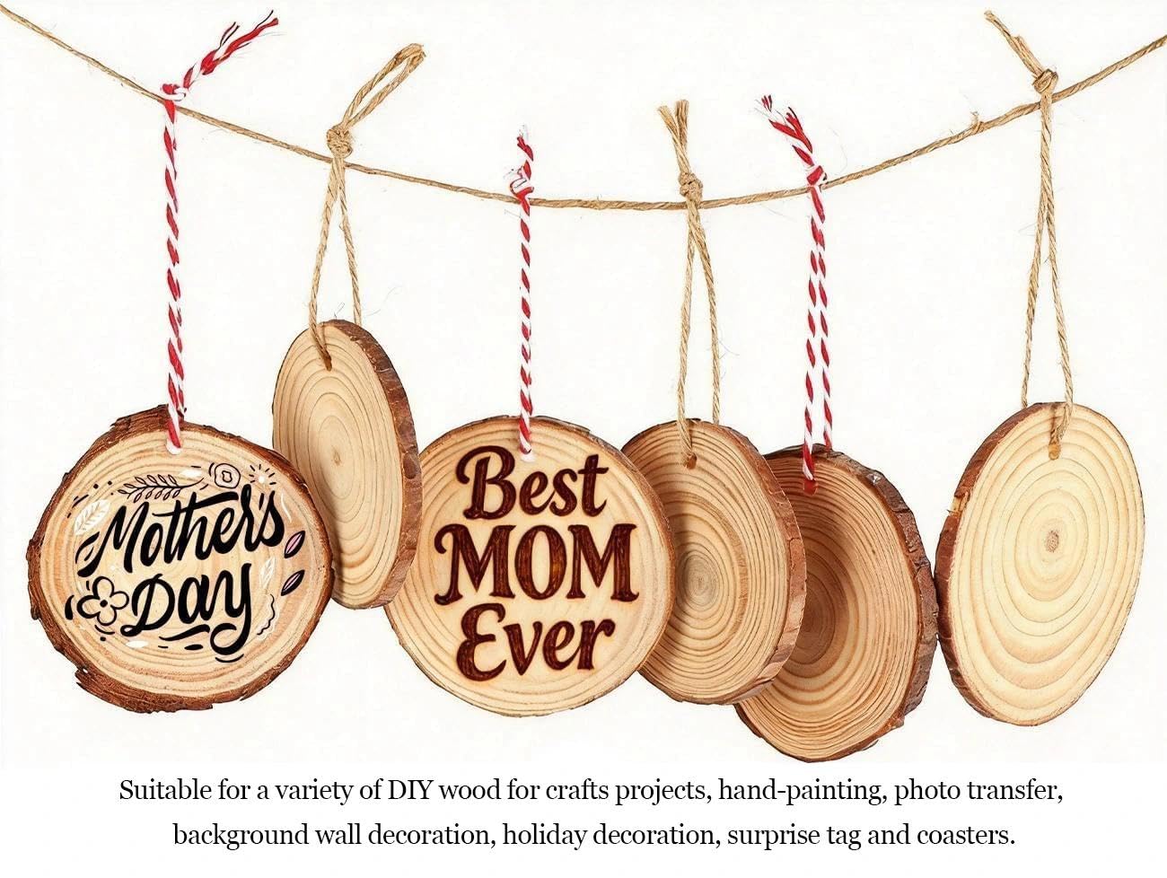 50Pcs Wood Slices for Crafts, 2.4"-2.8" Unfinished Wood Circles for Crafts with Pre-drilled Hole and String, Unfinished Wood Rounds for Home Decor, Painting, Wooden Coasters, DIY, Party Wedding Decor