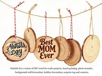 50Pcs Wood Slices for Crafts, 2.4"-2.8" Unfinished Wood Circles for Crafts with Pre-drilled Hole and String, Unfinished Wood Rounds for Home Decor, Painting, Wooden Coasters, DIY, Party Wedding Decor