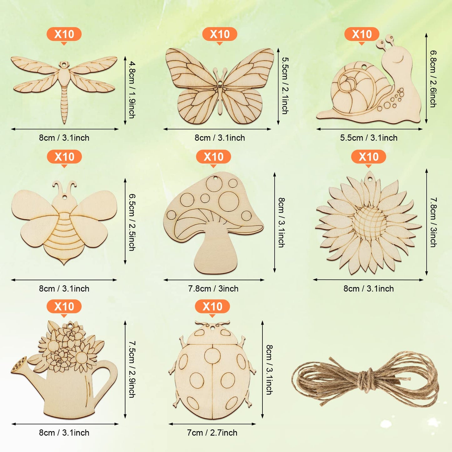 80PCS Wooden Spring Ornaments to Paint, 8 Styles DIY Blank Unfinished Wood Cutouts Ornament for Home Crafts Hanging Decorations, Insect Dragonfly Butterfly Snail Watering Can Mushroom Flower Shape
