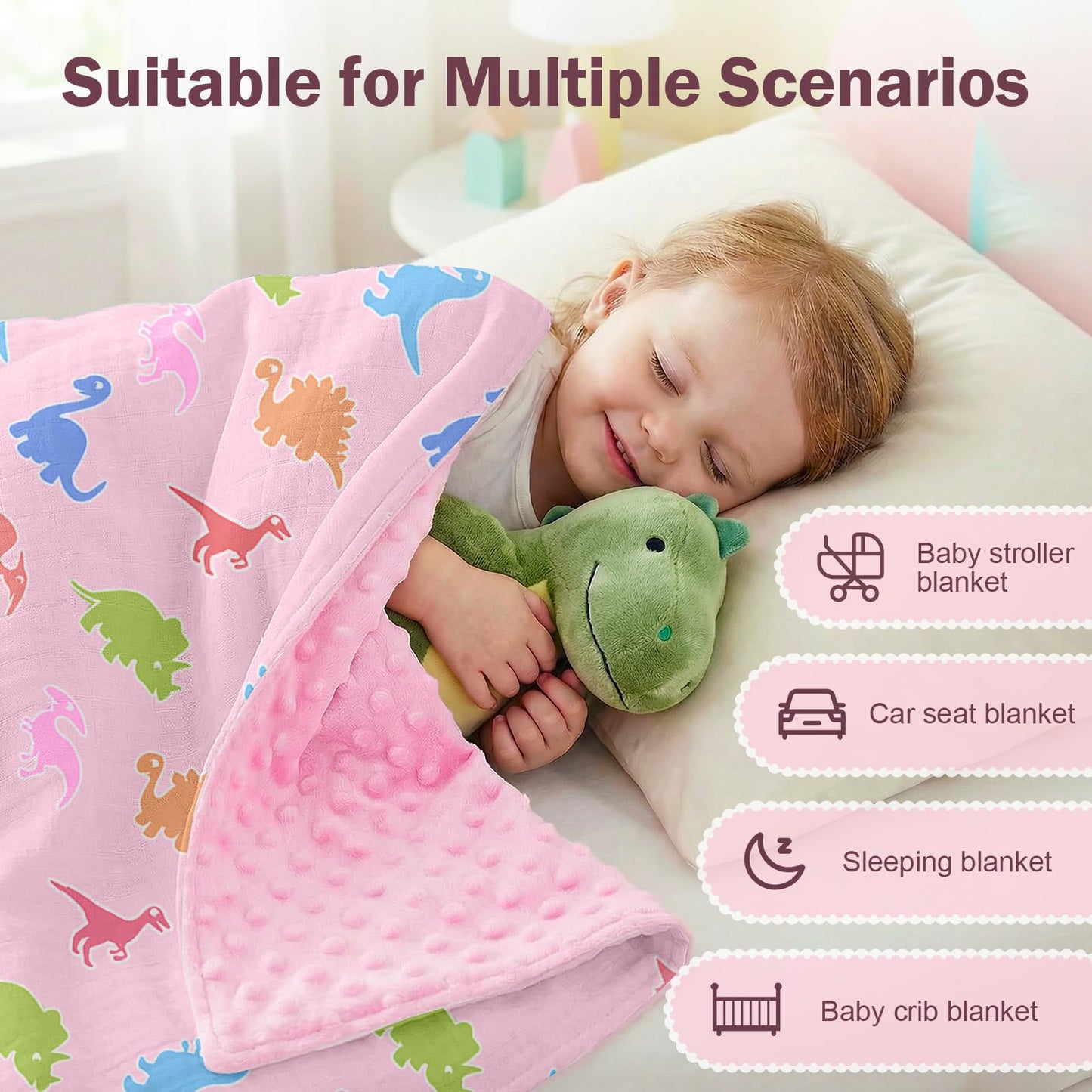 Pink Bow Baby Blankets for Girls, Soft Pink Bow Nursery Minky Blanket with Muslin Front and Dotted Fleece Back for Newborn Warm Pink Cute Blankets for Infant Toddlers 30 x 40in