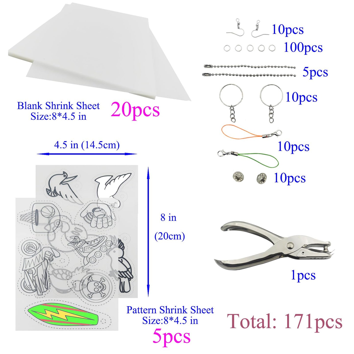 Heat Shrink Plastic Sheets Shrink Film Papers Kit Patterned Sheets Frosted Shrink Paper Sheet 171 PCS DIY Ornaments Keychains Making for Creative Art and Craft (8 x 5.7inch)