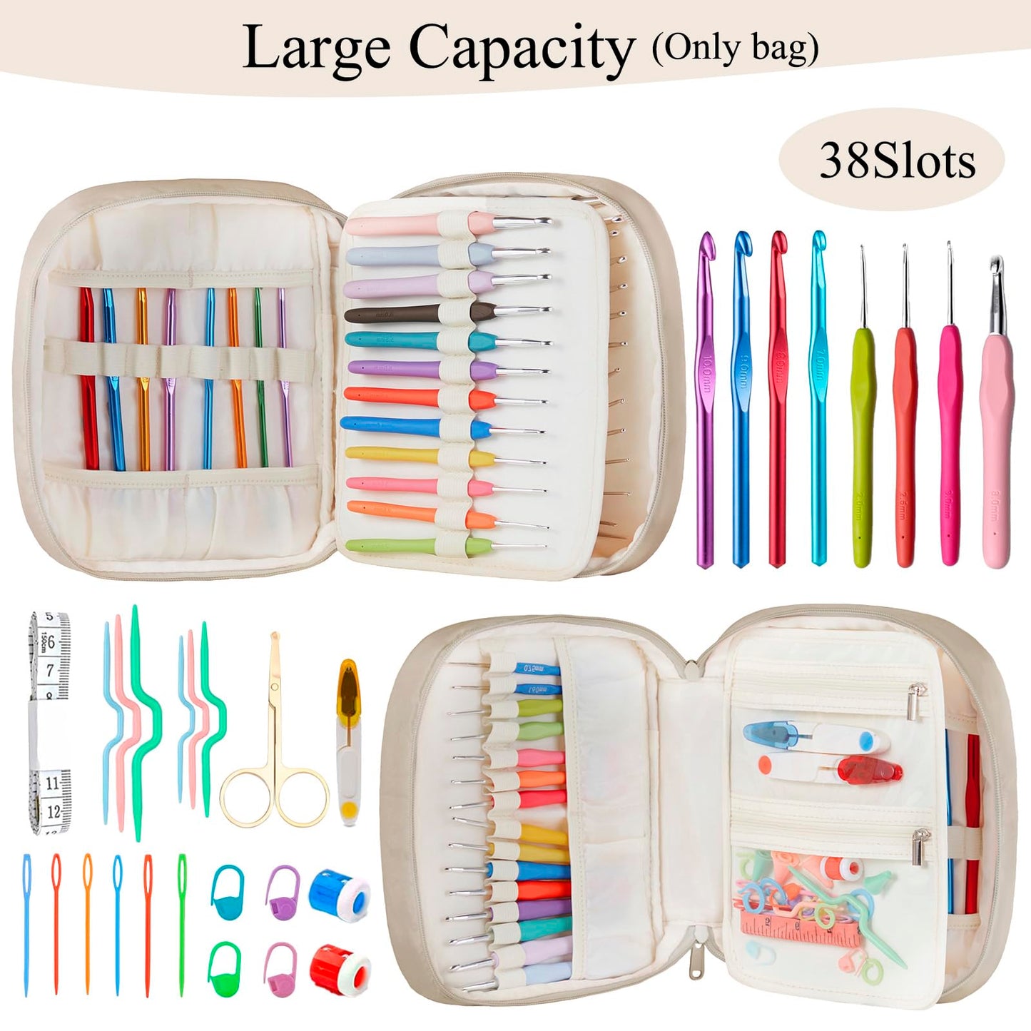Crochet Hook Case, Lightweight Crochet Hook Organizer with Clear Zipper Pockets, Crochet Hook Holder for Knitting Needle Storage, Gift for Women and Crochet Enthusiasts (Light Brown)