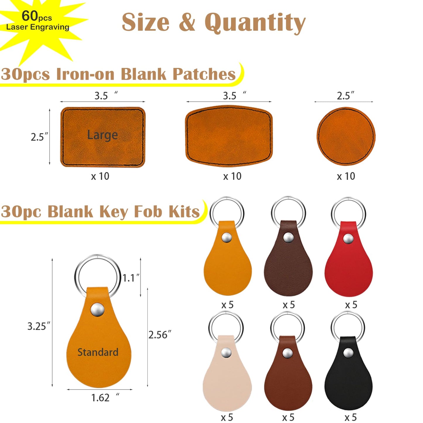 iFForce 60 Pcs Lasable Engravable Blanks - Leatherette Iron on Hat Patches & PU Leather Key Fob Kit for DIY Custom Laser Engraving Craft Gifts
