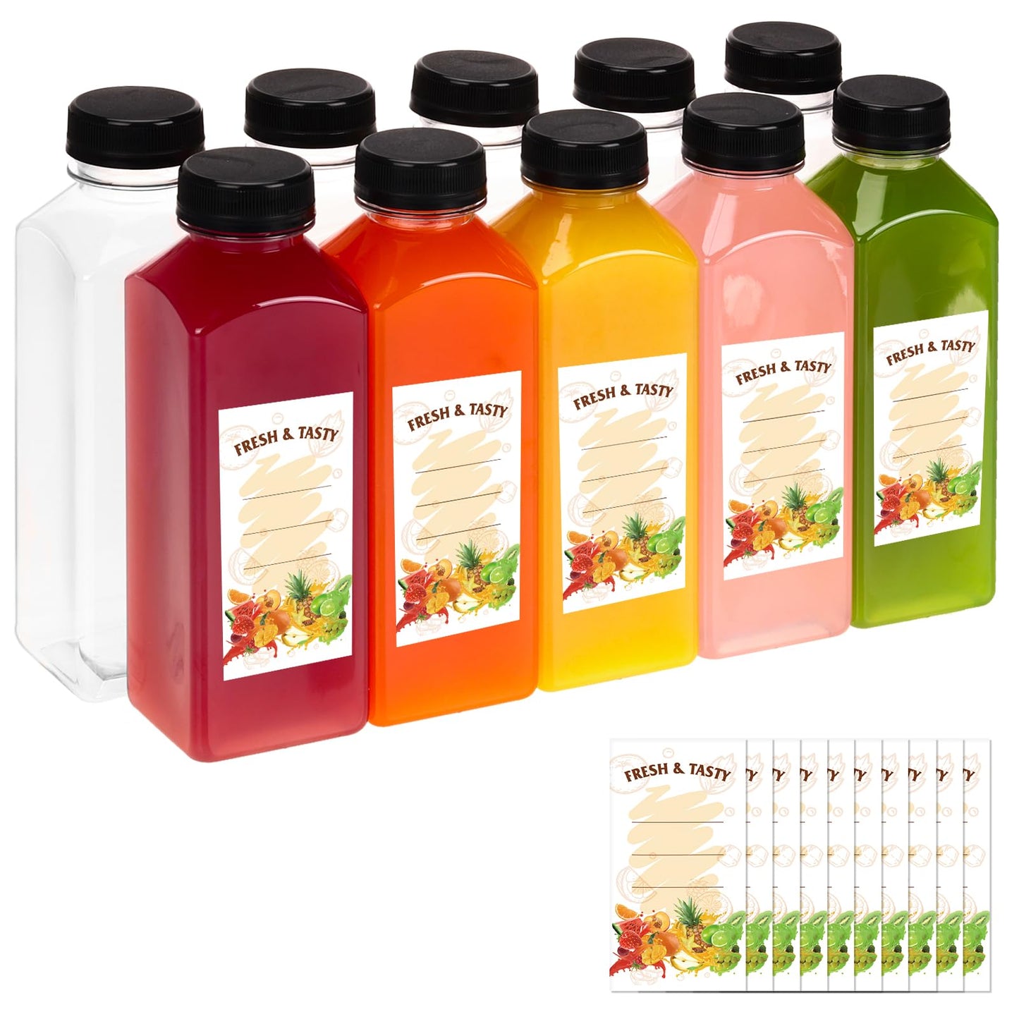 BAKHUK 10pcs 16oz Empty Plastic Juice Bottles with Caps, Plastic Water Bottles with Lids, Reusable Clear Bulk Beverage Juice Containers for Milk and Other Beverages