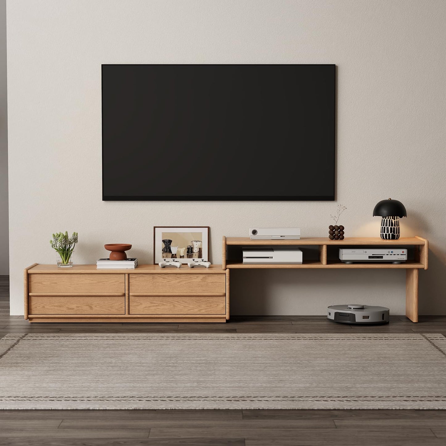 YQJJGL Extendable Solid Rubber Wood TV Stand, Space Saving Entertainment Center, TV Stand for Bedroom Living Room, Adjustable Television Cabinet Fits 42-90 Inch TVs