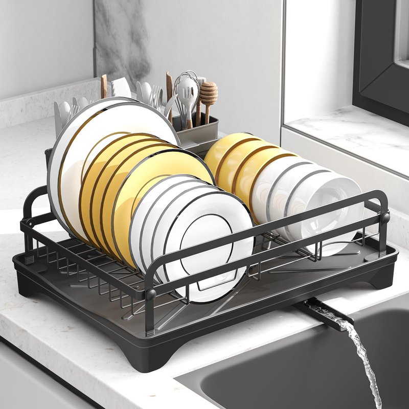 HOMEAILIE Dish Drying Rack for Kitchen Counter, Large Dish Drying Rack with Utensil Holder & Cutlery Tray, Dish Drainer with Drainboard, Black