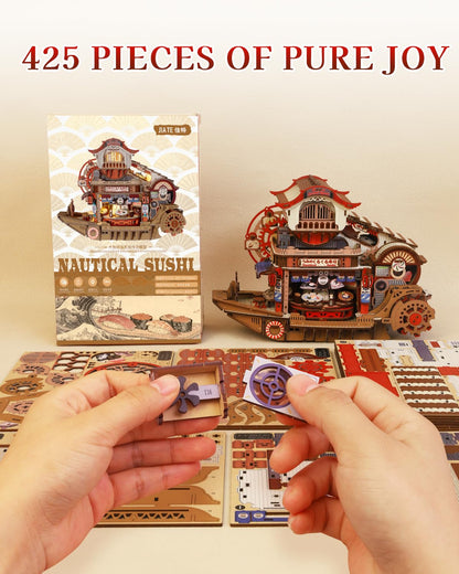 Nautical Sushi 3D Puzzles for Adults, 425PCS Wooden Mechanical Model Building Kit with Music and Lights, Miniature House Kit, Unique Home Decor Craft Gifts for Christmas Birthday Father's Day