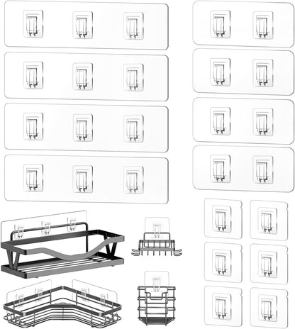 14 Pack Shower Caddy Replacement, Strong Adhesive Flat Hooks, Clear Waterproof Shower Shelf Strips for No Drilling
