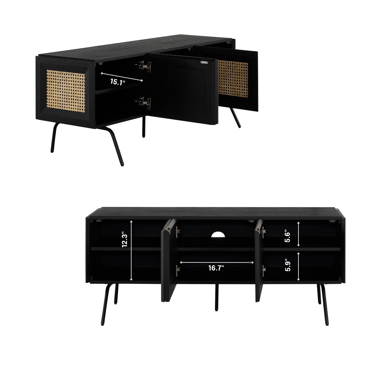 NTC Mossic TV Media Cabinet with 3 Doors for TVs, Entertainment Center with Natural Rattan, Metal Legs, Modern Storage Console for Living Room and Bedroom, Effortless Assembly, Burnt Black