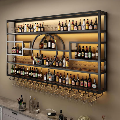GKBRSU Modern Wall Mounted Wine Rack with LED Light, Large Industrial Metal Wine Bottle Holder with Glass Hanger, Floating Bar Shelves for Home Bar Decor, Black 63x8x51in (Black, 63 in)