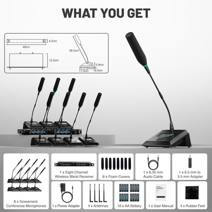 Phenyx Pro 8-Channel Wireless Conference Microphone System, Wireless Podium Microphone with 8x25 UHF Frequencies, Auto Scan, 8 Gooseneck Mics for Lecture, Church, Conference, Public Speaking (PTC-8)