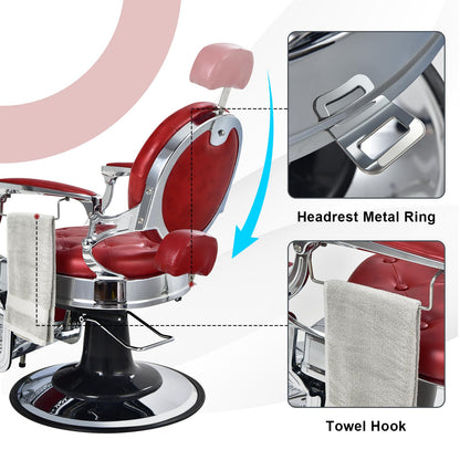 GLOBALWAY Vintage Barber Chair, Salon Chair, Hydraulic Recline Beauty Spa Styling Equipment W/Adjustable Height & Headrest, Rotated Foot Pedal, Hairdressing Tattoo Beauty Spa Equipment (Red)