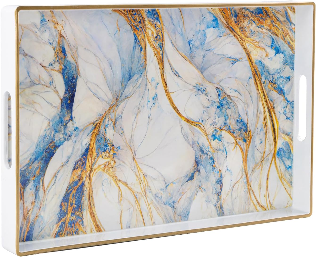 15.8" 11.8" 1.6" MAONAME Rectangular Decorative Tray, Modern White Serving Tray with Handles, Marbling Plastic Trays
