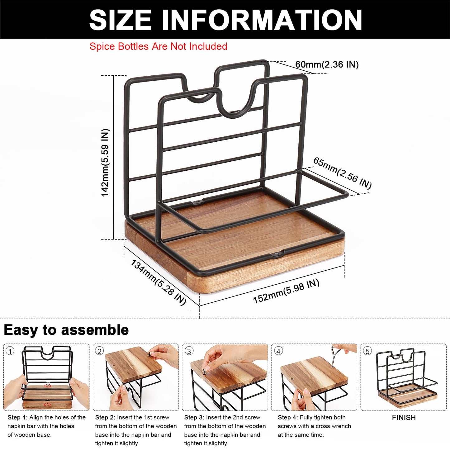 Livabber Napkin Holder, Metal Napkin Storage with Salt and Pepper Shakers Caddy Modern Napkin Dispenser for Table Kitchen Countertop, Not Including Salt and Pepper Shakers (Middle Wooden, Black)
