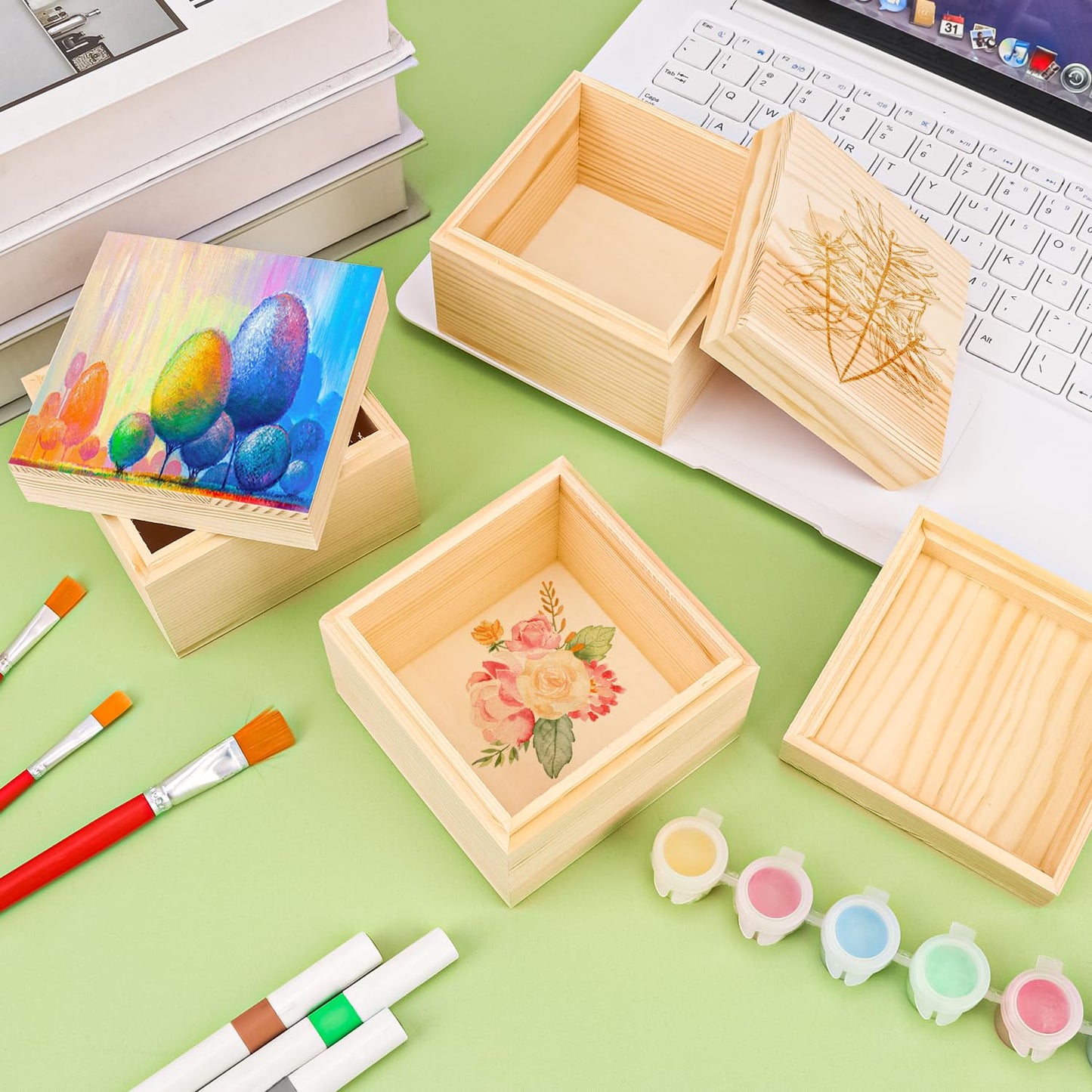 Geytetqi 9 PCS 3.94 x 3.94 x 3.15 Inch Unfinished Square Wood Box with Lid, Wooden Treasure Boxes, Small Wood Keepsake Box, Wooden Storage Box and DIY Craft Stash Boxes for Home Decor