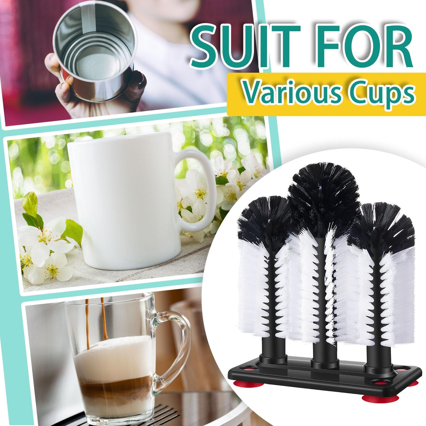 Havawish 2 Pack Water Bottle Cleaning Brush with Suction Base, 3 Head Bristle Bar Glass Washer for Sink, Cup Washer Brush Cleaner for Bar Beer Cup, Wine Glass, Long Leg Cup Kitchen Tools