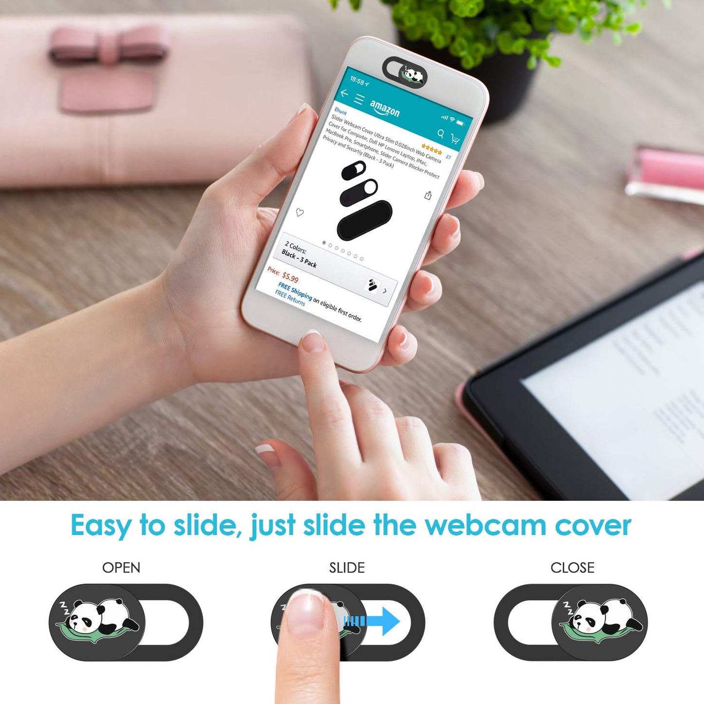 Laptop Camera Cover Slide, Panda Webcam Cover, 0.02 inch Cute Laptop Accessories for iPhone iPad iMac MacBook Pro Air Laptop PC Smartphone Tablet, Camera Privacy Covers Protect Your Visual Privacy