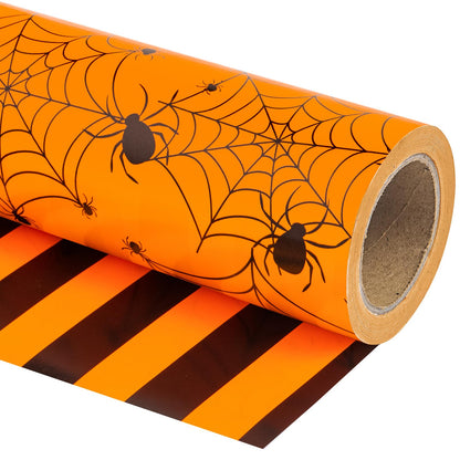 WRAPAHOLIC Halloween Reversible Wrapping Paper Roll - Mini Roll - 17 Inch X 33 Feet - Spider Design, Perfect for Halloween Decorations, Holiday, Party (Pack of 2)
