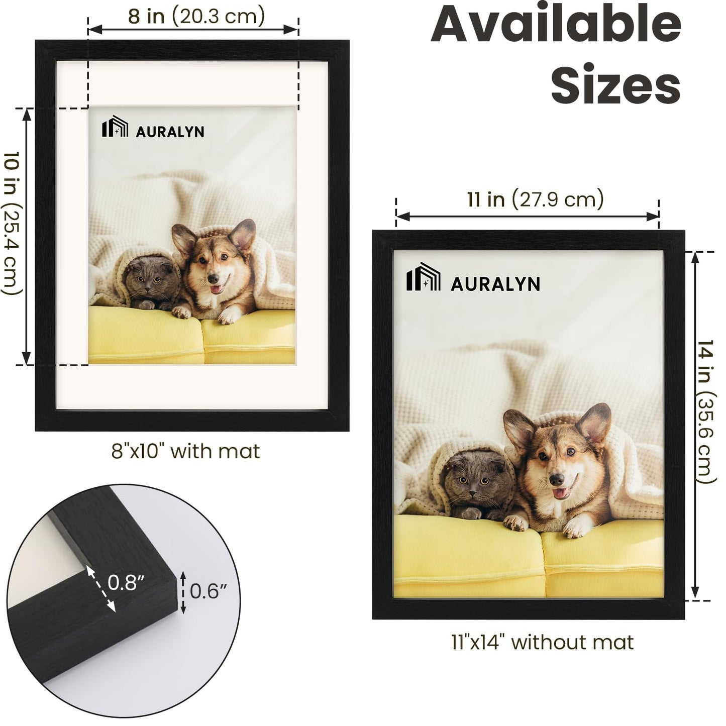 AURALYN Wall Frames 11x14 Picture Frame Set of 3 – Fits 8x10 with Mat or 11x14 Without Mat – Wood Grain, Easy to Hang, Finger-Friendly, Includes Hanging Kit (Black Frames, 3 Pack)