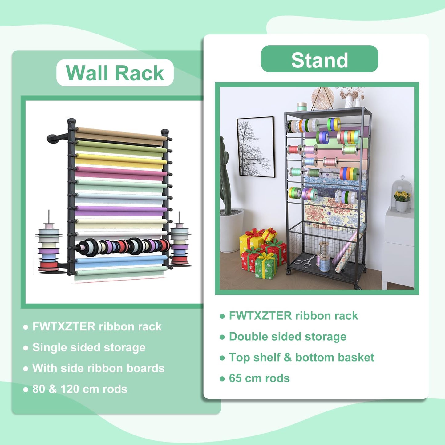 FWTXZTER 16 Tier Ribbon Organizer Rack, Double-Sided Ribbon Storage Holder for Craft Room, Floral Wrapping Paper Stand with Wheels, Rolling Ribbon Spool Racks Metal Display Shelf Sewing Station Cart