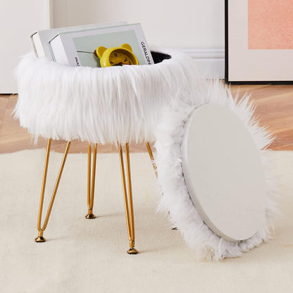 4 Mxfurhawa Faux Fur Storage Ottoman Round Furry Vanity Stool Marble Grain Tray Coffee Table Compact Footrest