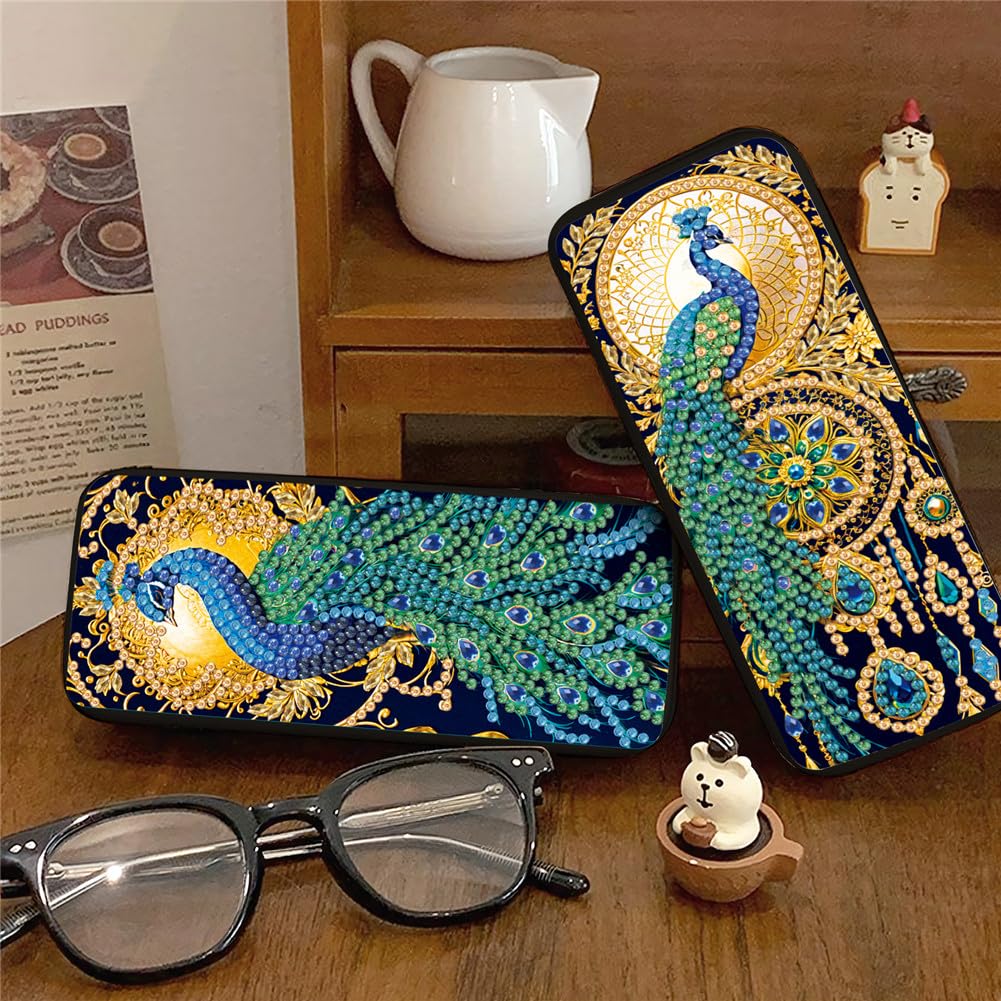 C'eitura 2Pcs 5D DIY Handmade Peacock Diamond Art Painting Glasses Case Kit, Handcrafted Eyeglass Holder Case, Exquisite Bird Christmas Valentine's Day Gift Set