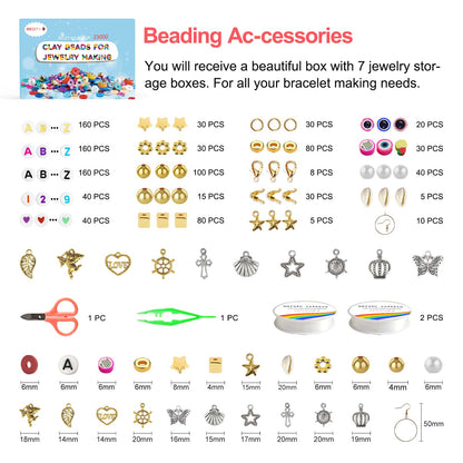 Redtwo 23000 Pcs Clay Beads Bracelet Making Kit, 144 Colors 7 Boxes Flat Polymer Heishi Beads Set for Friendship Jewelry Making with Pendant Charms Crafts Gifts for Girls Ages 6-12 Kids Adults