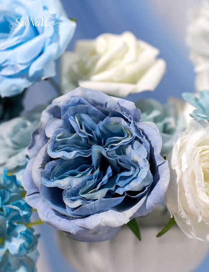 SWNAWE Light Blue Flowers Artificial Roses Combo Set Fake Blue Silk Flowers Faux Peony Flowers Mix Hydrangea Dahlia with Stems for Wedding Bouquets Baby Bridal Shower Party Floral Arrangements Decor