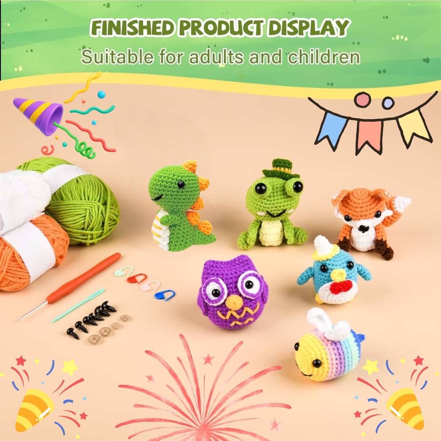 JackCao 6 Pack Crochet Kit for Beginners, 2026 DIY Craft for Adults, Crochet Animal Plush Kit with Step-by-Step Video Guides Tutorials Birthday Gift for Beginner Crochet Lovers ﻿ (Green)