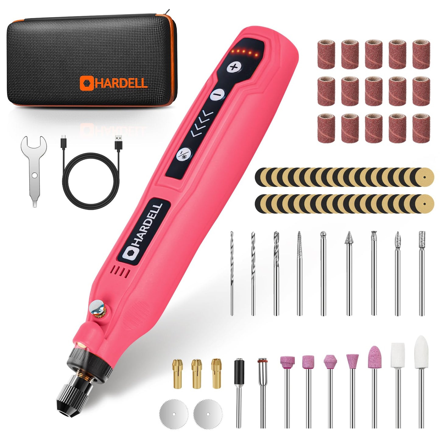 HARDELL Mini Cordless Rotary Tool, 5-Speed 3.7V Rechargeable Rotary Tool Kit with 69 Accessories, USB Charging Multi-Purpose DIY Tool for Sanding, Polishing, Drilling, Engraving(Pink 69pcs)