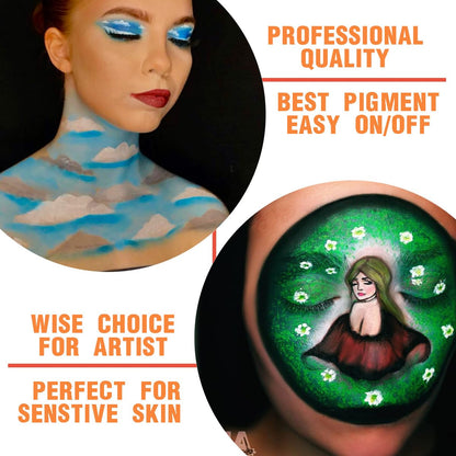 Bowitzki Face Paint Kit Professional Split Cake Face Painting Set 12x10 gm with Stencil One Stroke Non Toxic Safe Rainbow Flora Dolphin Unicorn Flame Body Paint Halloween Christmas Makeup