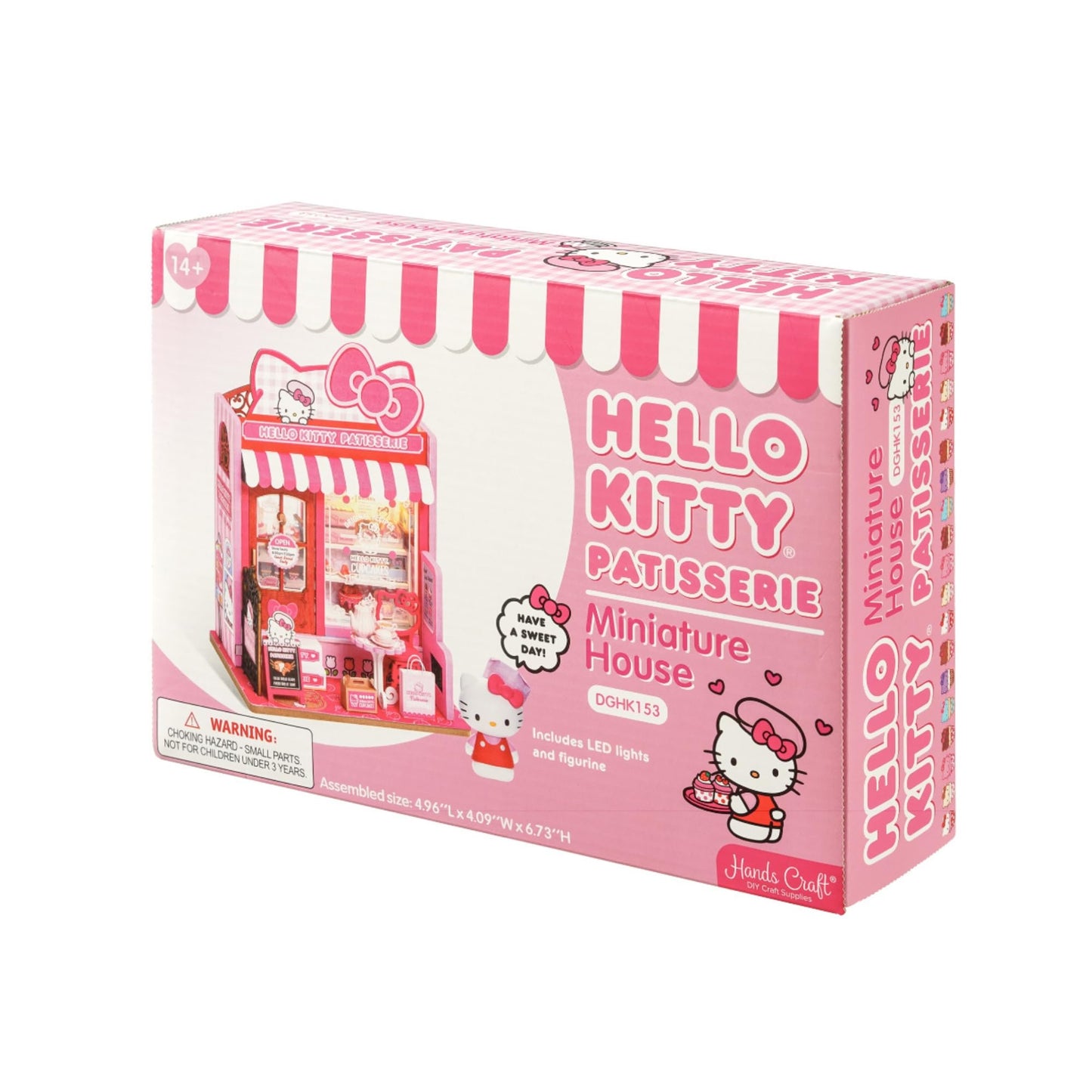 Hands Craft Hello Kitty Patisserie Miniature House Kit with Hello Kitty Figurine – Kawaii 3D Puzzle with Switch Activated LED Lights – DIY Wooden Craft Kit for Bedroom or Bookshelf Decor & Gifts