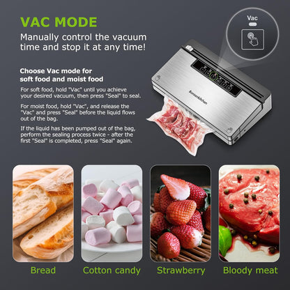 Bonsenkitchen Vacuum Sealer Machine, Powerful Food Sealer with 5 Modes, Built-in Cutter & Bag Storage, Stainless Steel
