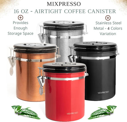 Mixpresso 16 Oz Red Coffee Canister, Stainless Steel Airtight Container with Date Tracker, Vacuum Sealed