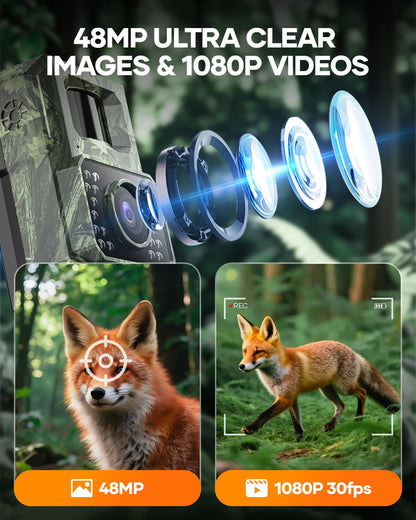 Assark Solar Trail Camera 48MP 30FPS, WiFi Bluetooth Game Camera with Motion Activated 0.2s Trigger, Night Vision Motion Activated IP66 Waterproof for Wildlife Scouting with 32GB Micro SD Card