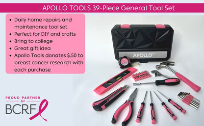 Apollo Tools 39 Piece General Household Tool Set in Toolbox Storage Case with Essential Hand Tools for Everyday Home Repairs, DIY and Crafts - Pink Ribbon - Pink - DT9711P