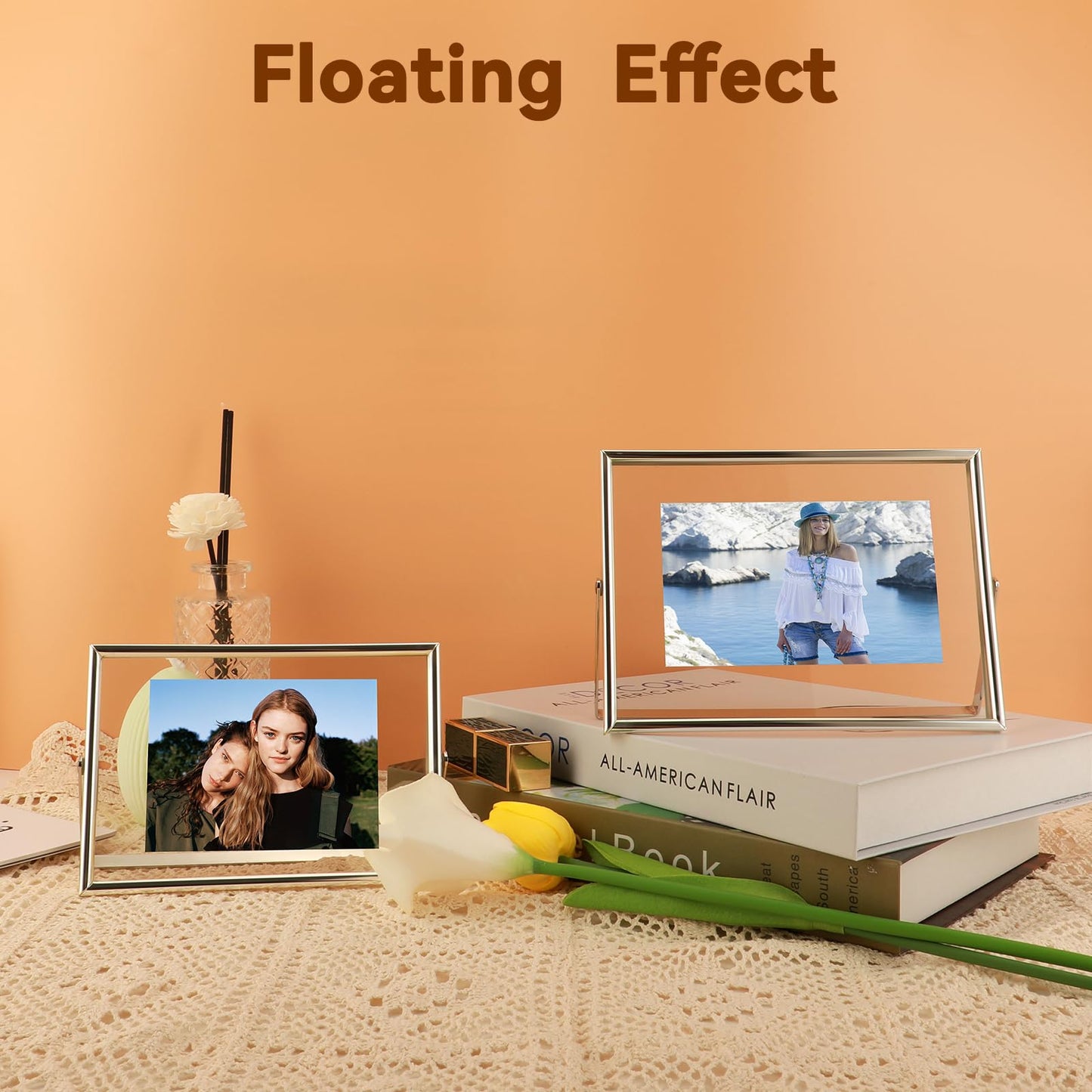 AhaGo Silver Floating Frame, 4"x6", Horizontal, 2 Set, For Picture 3.5x5, 2x3, 1x2, Small Desktop Photo Frames, Classy Gift For Children, Wedding, Home or Office Décor