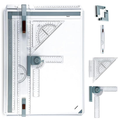 A3 Portable Drawing Table Board with Clear Rule Parallel Motion and Angle Adjustable Measuring System, Multi-Function Metric Drawing Board Drafting Table for Engineering Students