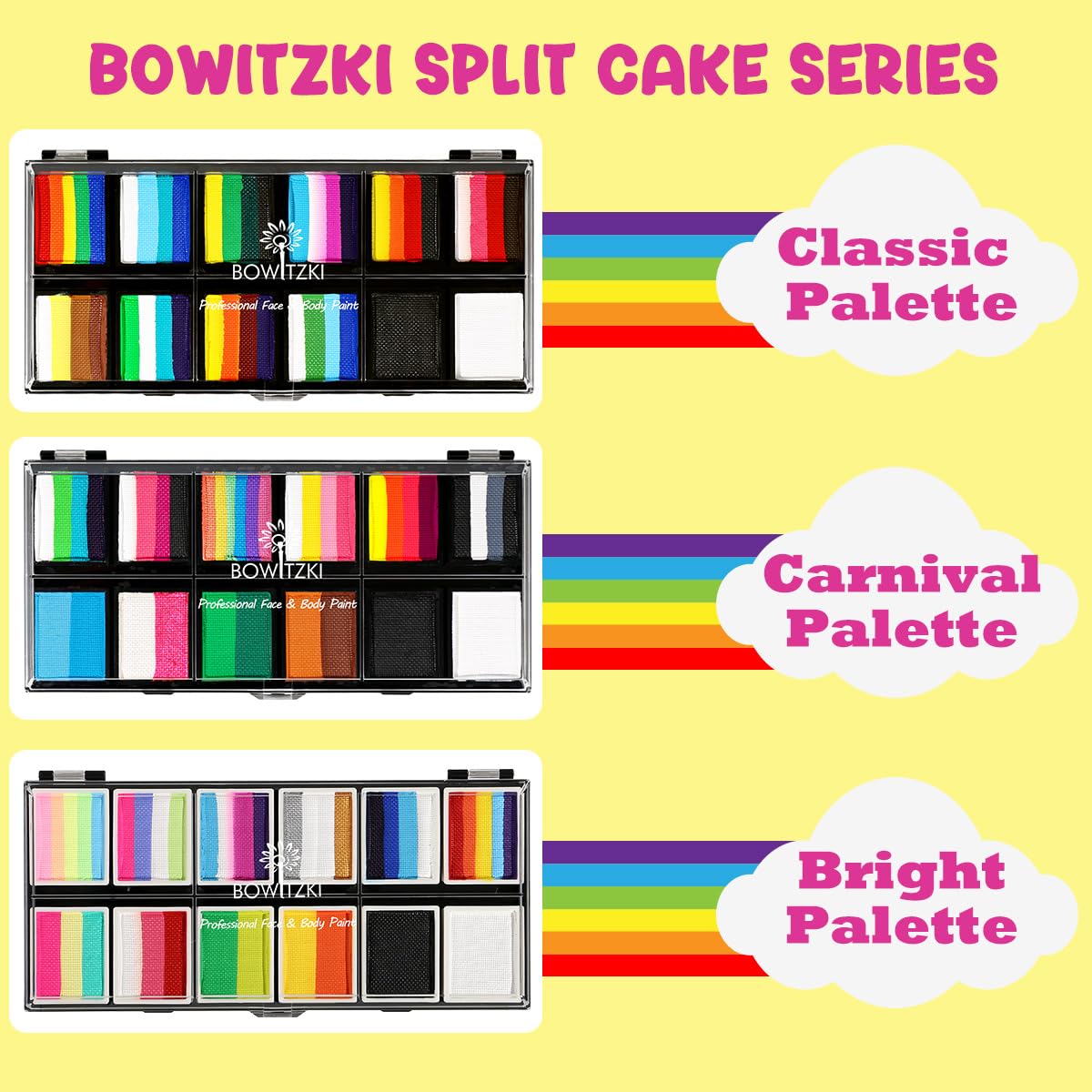 Bowitzki Face Paint Kit Professional Split Cake Face Painting Set 12x10 gm with Stencil One Stroke Non Toxic Safe Rainbow Flora Dolphin Unicorn Flame Body Paint Halloween Christmas Makeup