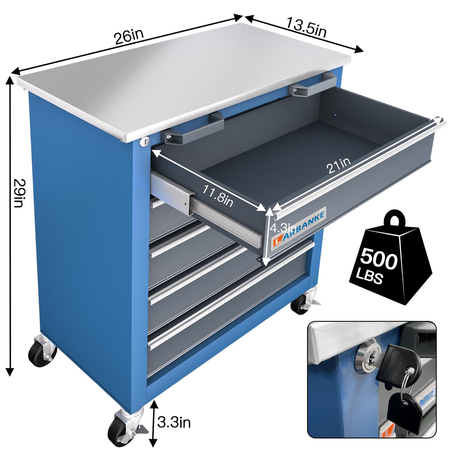 LARBANKE 5-Drawer Rolling Tool Chest,Tool Cabinet on Wheels with Keyed Locking System and Drawer Liners,Tool Chest with Link Buckle and can be Combined to Large Cabinet Set,for Warehouse,Garage